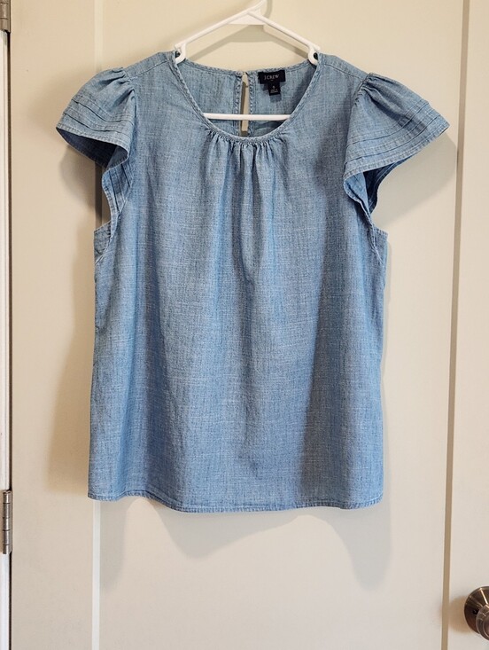 J. Crew Tops - J.Crew Factory Chambray Pintuck Flutter Sleeve Top Light Wash Blue Denim Size S